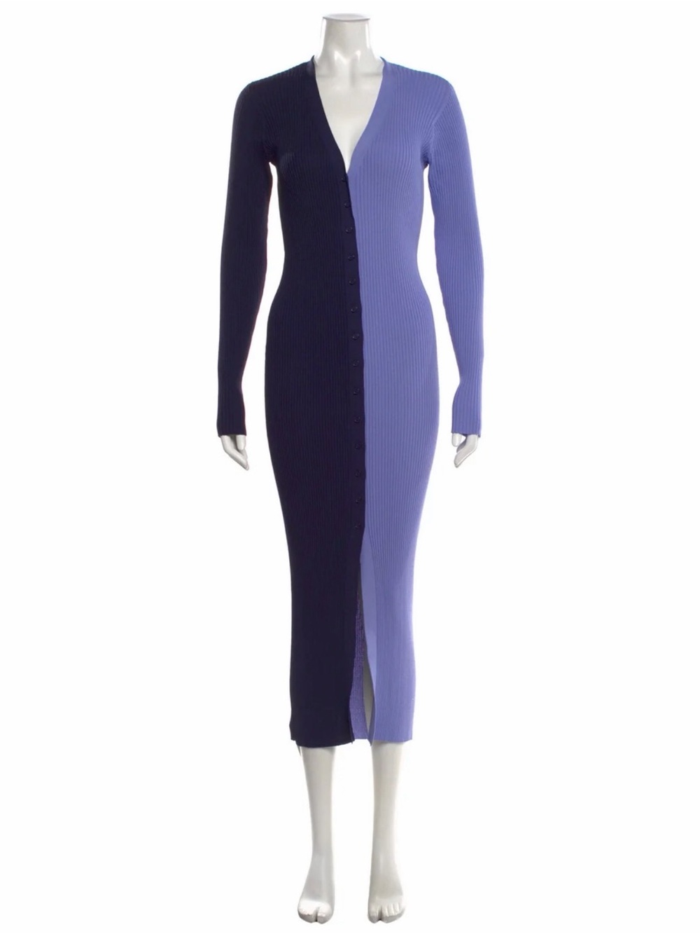 STAUD Two-Tone Ribbed Long Sleeve Midi Dress in Lavender and Navy